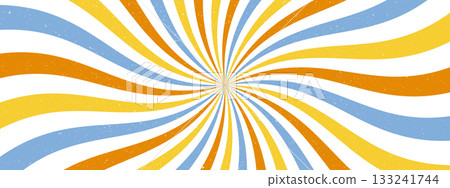 Vintage sunburst pattern. Groovy spiral swirl. Psychedelic retro background with grunge texture. Abstract ray burst. 133241744