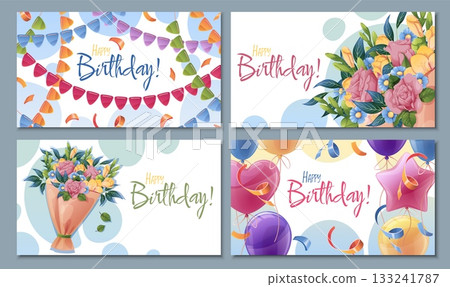 Elegant Birthday Banners Set with Floral Bouquet of Roses, Freesia and Daisies, Bunting Garlands, Balloons and Confetti. Perfect for Romantic Party Posters, Wedding Anniversaries, Spring Celebrations 133241787
