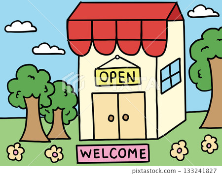 Cute hand drawn vector illustrations of cafe, small restaurant or mini mart with OPEN sign, WELCOME mat, tree, flowers, blue sky for grocery shopping, food, landscape, post card, print, buildings 133241827