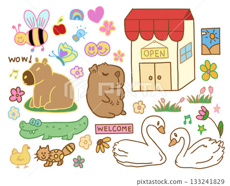 Cute hand drawn vector illustrations of supermarket with OPEN sign, capybara, swan, bee, butterfly, rainbow, heart, crocodile, cat, duck, flowers, green grass, apple, light bulb for decorations, icons Cute hand drawn vector illustrations of supermarket with OPEN sign, capybara, swan, bee, butterfly, rainbow, heart, crocodile, cat, duck, flowers, green grass, apple, light bulb for decorations, icons 133241829