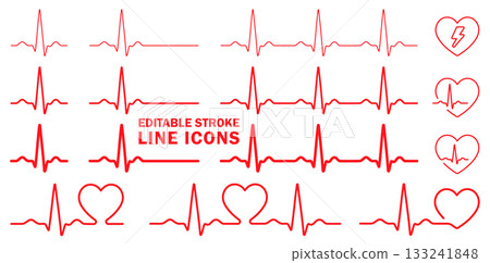 ECG Heart Beat Line Icon Set. A Collection Of Red Vector Thin Line Editable Stroke Icons Representing Heart Rate, Pulse, And EKG Signal. Perfect For Medical, Healthcare, Cardiology And Wellness Design ECG Heart Beat Line Icon Set. A Collection Of Red Vector Thin Line Editable Stroke Icons Representing Heart Rate, Pulse, And EKG Signal. Perfect For Medical, Healthcare, Cardiology And Wellness Design 133241848