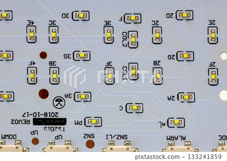 LED light module board, electronic circuit panel with surface mount diodes on gray PCB.  133241859