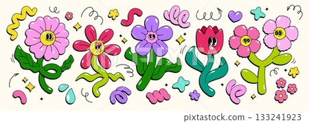 Retro groovy cartoon flower character mascots Retro groovy cartoon flower character mascots 133241923