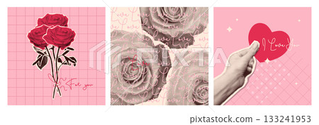 Halftone Valentine day collage in soft pink colors 133241953