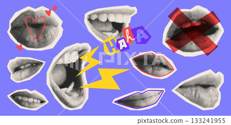 Halftone mouths set isolated on blue background Halftone mouths set isolated on blue background 133241955