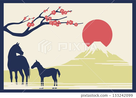 Horse and child and Mt. Fuji New Year's/New Year's card material Horse and child and Mt. Fuji New Year's/New Year's card material 133242099