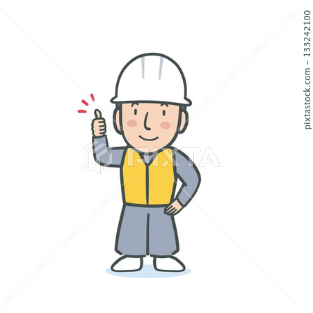 Illustration material of a man in a white helmet wearing work clothes and making a thumbs up pose with a smile Illustration material of a man in a white helmet wearing work clothes and making a thumbs up pose with a smile 133242100