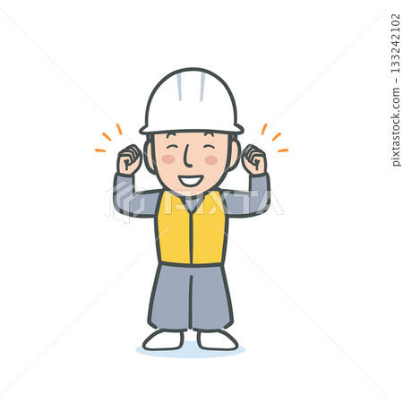 Illustration material of a man in a white helmet wearing work clothes and making a fist pump Illustration material of a man in a white helmet wearing work clothes and making a fist pump 133242102