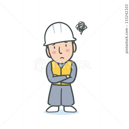 Illustration material of a troubled man wearing a white helmet and work clothes 133242103