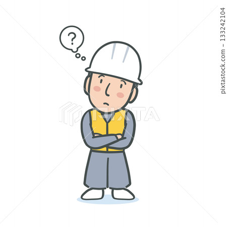 Illustration material of a civil engineer wearing a white helmet and work clothes who feels doubt Illustration material of a civil engineer wearing a white helmet and work clothes who feels doubt 133242104