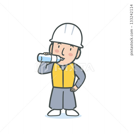Illustration material of a male worker wearing a helmet hydrating Illustration material of a male worker wearing a helmet hydrating 133242114