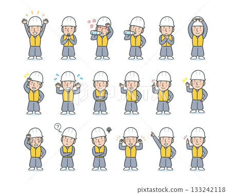 一組男性工人全身插畫,包含各種表情和姿勢。 一組男性工人全身插畫,包含各種表情和姿勢。 133242118