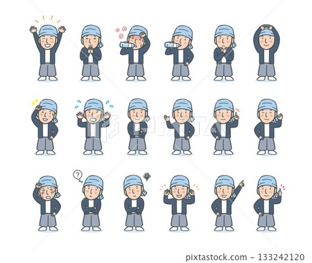 Full-body illustration set of various facial expressions and poses of male workers Full-body illustration set of various facial expressions and poses of male workers 133242120