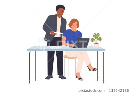 Illustration of a Senior Colleague Providing Support and Training to a Junior Employee Illustration of a Senior Colleague Providing Support and Training to a Junior Employee 133242186