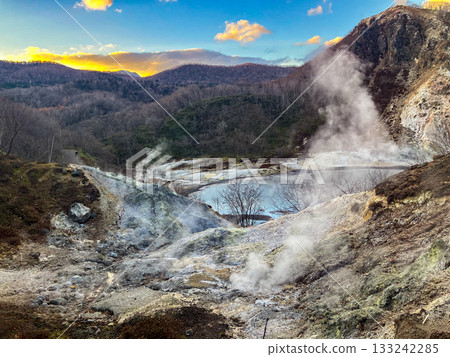 Jigokudani (Hell Valley) and Oyunuma (Great Hot Spring Marsh) in Noboribetsu City, Hokkaido, at dusk. Jigokudani (Hell Valley) and Oyunuma (Great Hot Spring Marsh) in Noboribetsu City, Hokkaido, at dusk. 133242285