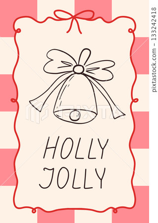 Winter whimsical hand drawn card, poster design. Coquette bell and bows in red frame with lettering. Elements with charming and elegance. Christmas party, vector illustration. 133242418