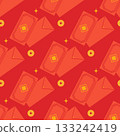 Hongbao red envelope with coins vector pattern. Asian festive envelope with ornament. Traditional money gift for Lunar New Year, wedding and other occasions. Flat illustration. 133242419