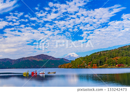 [Kanagawa Prefecture] Motohakone Port: A scene of a swan boat being pulled on a calm lake 133242473