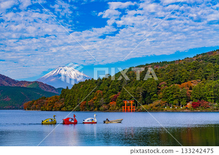 【神奈川縣】元箱根港：天鵝船在平靜的湖面上被拖曳的景象 133242475