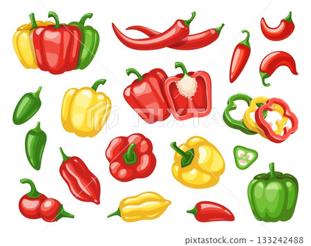 Cartoon hot and bell pepper. Different varieties, red, green, yellow vegetables, spicy whole paprika, halves with seeds, jalapeno and chili slices. Kitchen classy vector isolated set Cartoon hot and bell pepper. Different varieties, red, green, yellow vegetables, spicy whole paprika, halves with seeds, jalapeno and chili slices. Kitchen classy vector isolated set 133242488