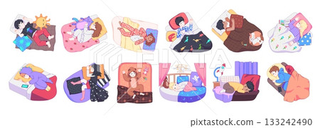 Children sleep in beds. Cute boys and girls in pajamas nighttime, sleeping kids with plush toys under blankets, night rest, kindergarten quiet hour, cartoon flat isolated tidy vector set Children sleep in beds. Cute boys and girls in pajamas nighttime, sleeping kids with plush toys under blankets, night rest, kindergarten quiet hour, cartoon flat isolated tidy vector set 133242490
