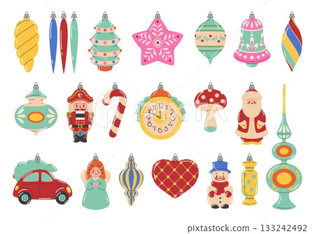 Christmas decorations. Vintage tree toys, glass holiday figurines, xmas hanging elements, santa, nutcracker, snow girl, car and clock, pine cone and icicle, classy vector cartoon flat set 133242492