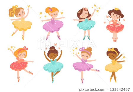 Cute little ballerinas. Funny girls in pointe shoes and tutus, ballet dance class, dancers characters, lovely princesses, art choreography cartoon flat style isolated garish vector set 133242497