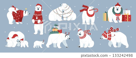 Cute polar bear characters. Funny big arctic animals with winter clothes, merry christmas wears, happy mom and baby in hats, cartoon flat style isolated xmas celebration tidy vector set 133242498