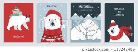Cute polar bears cards. Merry christmas, arctic big animals, cartoon fauna characters with winter clothes, north fauna, merry xmas, greeting design, childish print tidy vector isolated set 133242499