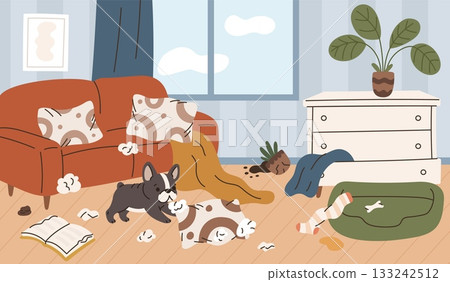 Dog in interior. Cute french bulldog makes mess at home, naughty pet, bad parenting, puppy tears up pillows, domestic animal disorder and behavior problem, garish vector cartoon flat concept 133242512