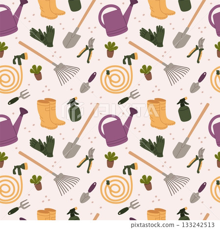 Garden tools seamless pattern. Repeated agricultural elements, cultivating ground accessories, watering can, rake. Decor textile, wrapping paper. Print for fabric garish vector background 133242513