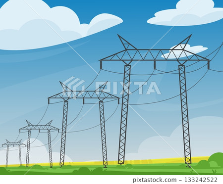 Landscape with electric power line. Poles with wires and cables, energy pylons, high voltage transmission construction towers, distribution powerlines, qualitative vector flat style concept 133242522