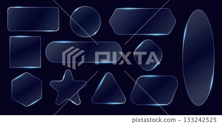 Neon glass frames. Different shapes translucent glowing planes, blank geometric text bars, luminescent effect edges. Various rectangle, circle and round qualitative vector isolated set Neon glass frames. Different shapes translucent glowing planes, blank geometric text bars, luminescent effect edges. Various rectangle, circle and round qualitative vector isolated set 133242525