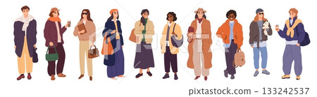 People in casual modern clothes. Women and men with demi season street looks, multi layered outfits, current images wears, coats and boots. Cartoon flat style isolated garish vector set People in casual modern clothes. Women and men with demi season street looks, multi layered outfits, current images wears, coats and boots. Cartoon flat style isolated garish vector set 133242537