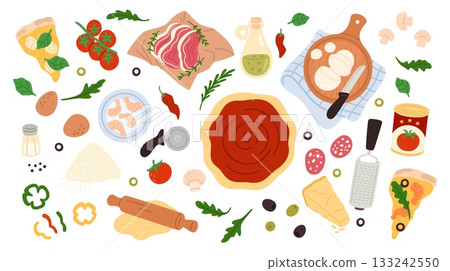 Pizza constructor. Tasty italian pastries, cooking food ingredients, sausage, cheese, tomato sauce, parmesan, dough, cartoon flat style isolated culinary recipe and menu, garish vector set 133242550