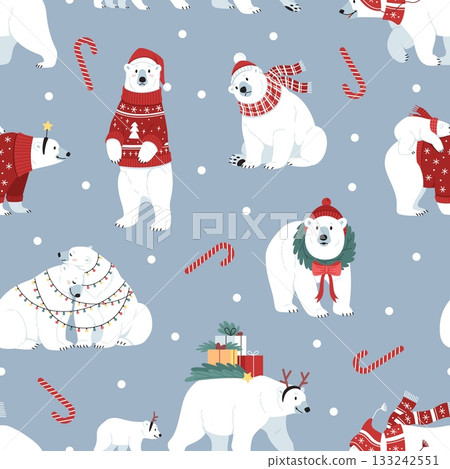 Polar bear seamless pattern. Repeated arctic animals with funny christmas clothes, red santa hats and ugly sweaters. Decor textile, wrapping paper. Print for fabric tidy vector background Polar bear seamless pattern. Repeated arctic animals with funny christmas clothes, red santa hats and ugly sweaters. Decor textile, wrapping paper. Print for fabric tidy vector background 133242551