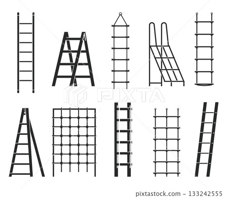Step ladders icons. Silhouette black stairs, different types, sliding, side mounted, suspended, construction foldable ladders and sport equipment, isolated stairway qualitative vector set 133242555