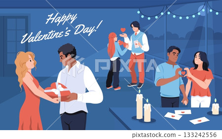 Valentine day celebrations. Funny people in love exchanging valentines, happy romantic couples with hearts at party, hugging and kissing characters cartoon flat tidy vector concept Valentine day celebrations. Funny people in love exchanging valentines, happy romantic couples with hearts at party, hugging and kissing characters cartoon flat tidy vector concept 133242556