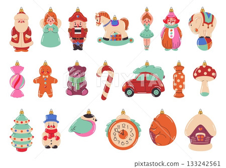 Vintage christmas toys. Holiday glass decorations, santa, nutcracker and snowman, xmas tree pendants, cute figurines, circus characters cartoon flat style isolated classy vector set 133242561