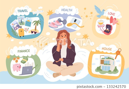 Vision board planning. Happy woman dreams and visualizes goals with pictures help, aspiration and motivation, health love and finance , cartoon flat style isolated garish vector concept 133242570