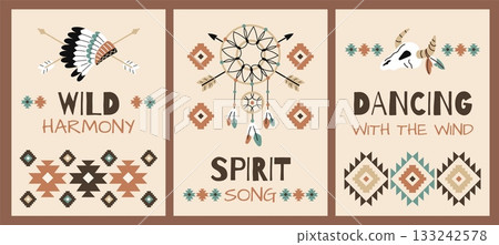 American indians items cards. Traditional patterns, ethnic ornaments, hippie and boho style, explore discover design, posters graphic collection, cartoon flat isolated garish vector set 133242578
