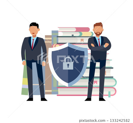 Archive data protection. Secure shield, bodyguards men in suits standing, computer and smartphone information security, private life safe technology. Cartoon flat isolated vector concept Archive data protection. Secure shield, bodyguards men in suits standing, computer and smartphone information security, private life safe technology. Cartoon flat isolated vector concept 133242582