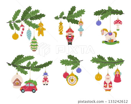 Cartoon christmas tree branches with toys. Vintage winter holiday decorations, nutcracker, ballerina, snowman and balls hanging decor, festive season garland classy vector isolated illustration Cartoon christmas tree branches with toys. Vintage winter holiday decorations, nutcracker, ballerina, snowman and balls hanging decor, festive season garland classy vector isolated illustration 133242612