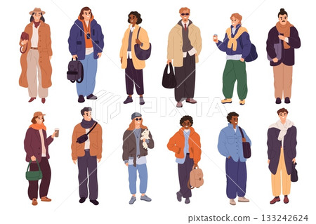 City people in casual wear. Current images in clothing, men and women with multi layered outfits standing, fashion accessories, contemporary character cartoon isolated garish vector set City people in casual wear. Current images in clothing, men and women with multi layered outfits standing, fashion accessories, contemporary character cartoon isolated garish vector set 133242624