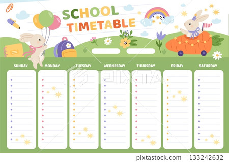 Cute rabbits school schedule. Funny little bunnies with supplies, kids weekly planner template, cartoon animals character, childish poster, empty textbox, garish vector timetable concept Cute rabbits school schedule. Funny little bunnies with supplies, kids weekly planner template, cartoon animals character, childish poster, empty textbox, garish vector timetable concept 133242632