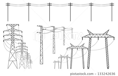 Electric power lines. Transmission towers with wires, high voltage cables, energy transmission, different pylons, poles with wire black silhouette, city infrastructure qualitative vector set 133242636