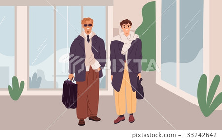 Fashionable couple on street. Funny people in casual outfits, guys in trendy demi season outlets, shopping time, contemporary jacket and coat, cartoon flat isolated garish vector concept Fashionable couple on street. Funny people in casual outfits, guys in trendy demi season outlets, shopping time, contemporary jacket and coat, cartoon flat isolated garish vector concept 133242642