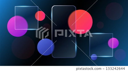 Glassmorphing transparent frames. Round shapes blur effect, view through frosted glass, empty planes for text, square web template, ui minimal buttons, qualitative vector concept 133242644