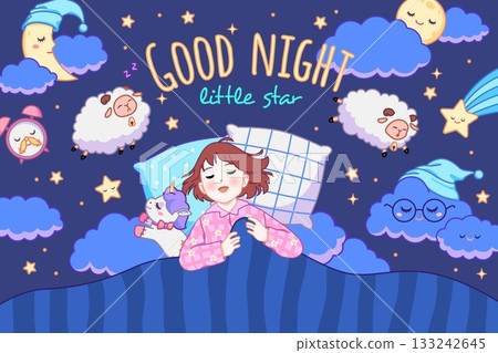 Happy bedtime card. Little girl in pajama sleeps in bed with unicorn soft toy, good night banner, childish sweet dream, clouds and stars, night sky cartoon isolated tidy vector concept 133242645