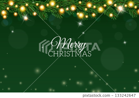 Merry christmas fir poster. Background for banner design with coniferous tree garland. Congratulation text, winter holidays, xmas party festive greeting card. Vector realistic concept 133242647